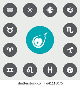 Set Of 13 Astronomy Icons Set.Collection Of Fishes, Twins, Space And Other Elements.