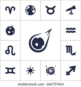 Set Of 13 Astronomy Icons Set.Collection Of Solar, Space, Zodiac Sign And Other Elements.