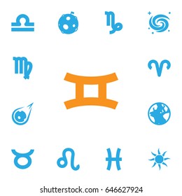 Set Of 13 Astronomy Icons Set.Collection Of Space, Earth Planet, Twins And Other Elements.