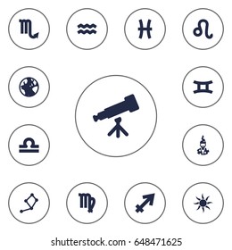 Set Of 13 Astronomy Icons Set.Collection Of Water Bearer, Lion, Binoculars And Other Elements.