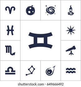 Set Of 13 Astronomy Icons Set.Collection Of Ram, Zodiac Sign, Water Bearer And Other Elements.