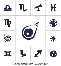 Set Of 13 Astronomy Icons Set.Collection Of Earth Planet, Goat, Binoculars And Other Elements.
