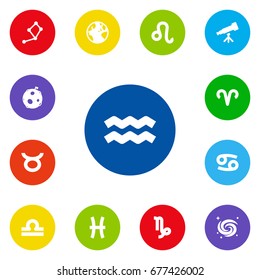 Set Of 13 Astronomy Icons Set.Collection Of Goat, Fishes, Bull And Other Elements.