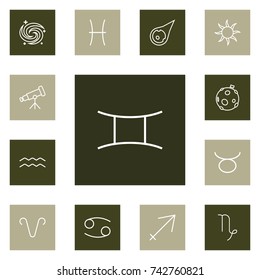 Set Of 13 Astronomy Outline Icons Set.Collection Of Aries, Gemini, Galaxy And Other Elements.