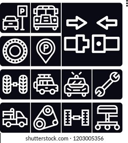 Set Of 13 Auto Outline Icons Such As Wheel Alignment, Timing Belt, School Bus, Jeep, Police Car, Seatbelt, Spanner, Delivery Truck, Seat, Tyre, Chassis