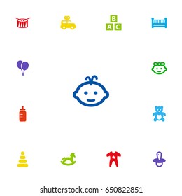 Set Of 13 Baby Icons Set.Collection Of Smock, Girl, Milk And Other Elements.