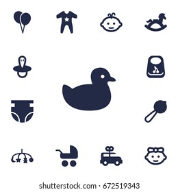 Set Of 13 Baby Icons Set.Collection Of Duck, Pram, Hangings And Other Elements.