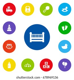 Set Of 13 Baby Icons Set.Collection Of Duck, Cot, Decoration And Other Elements.