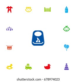 Set Of 13 Baby Icons Set.Collection Of Decoration, Bus, Barrel And Other Elements.