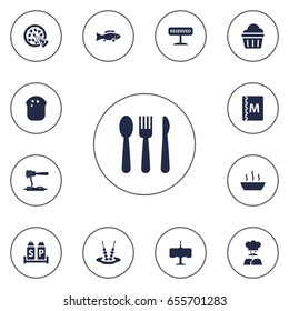 Set Of 13 Bar Icons Set.Collection Of Vermicelli, Sweet, Dinner Desk And Other Elements.