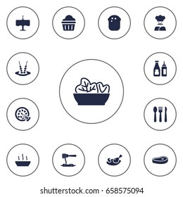 Set Of 13 Bar Icons Set.Collection Of Broth, Sweet, Silverware And Other Elements.