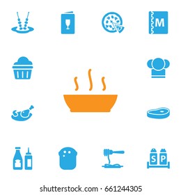 Set Of 13 Bar Icons Set.Collection Of Meat, Alcohol, Catsup And Other Elements.