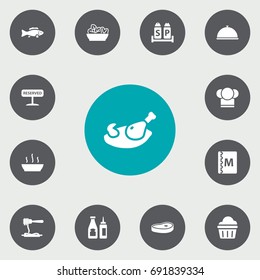 Set Of 13 Bar Icons Set.Collection Of Catsup, Meat, Condiments And Other Elements.