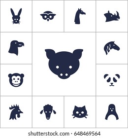 Set Of 13 Beast Icons Set.Collection Of Pussy, Rhinoceros, Aquila And Other Elements.