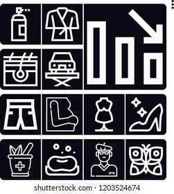 Set of 13 beauty outline icons such as soap, artist, lift, aerosol, cinderella, skin, herbal, loss, bathrobe, mannequin, butterfly, shorts