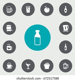 Set Of 13 Beverages Icons Set.Collection Of Milk Glass, Cask, Martini And Other Elements.
