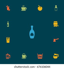 Set Of 13 Beverages Icons Set.Collection Of Cask, Cream, Milk Glass And Other Elements.