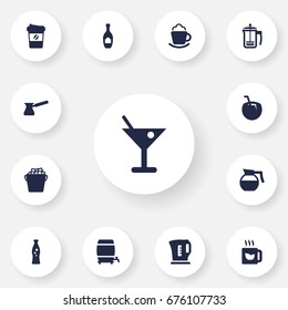 Set Of 13 Beverages Icons Set.Collection Of Alcohol, Fizzy Water, Fridge And Other Elements.