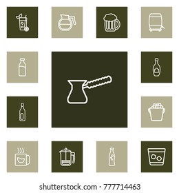 Set Of 13 Beverages Outline Icons Set.Collection Of Mojito, Dairy, Soda And Other Elements.