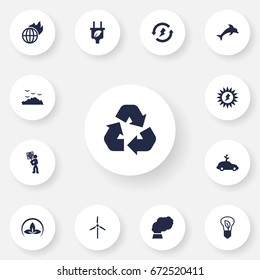 Set Of 13 Bio Icons Set.Collection Of Warm, Rubbish, Saving And Other Elements.