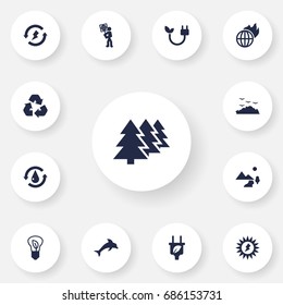 Set Of 13 Bio Icons Set.Collection Of Renewable, Volunteer, Leaf And Other Elements.