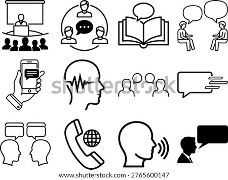 A set of 13 black line icons illustrating communication, conversation, and information exchange concepts, including speech bubbles, people, phone, and book