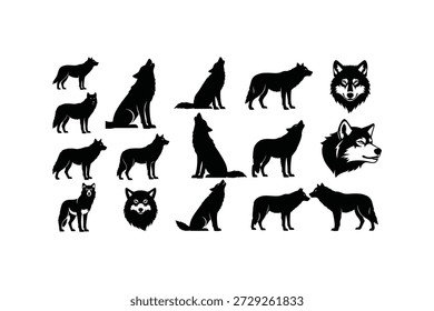 Eine Reihe von 13 schwarzen Silhouetten von Wölfen in verschiedenen Posen und Ansichten auf einfarbigem weißem Hintergrund