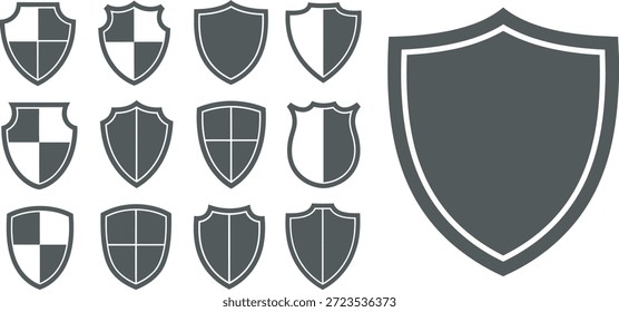 Un conjunto de 13 escudos heráldicos en blanco y negro con diferentes Formas y patrones