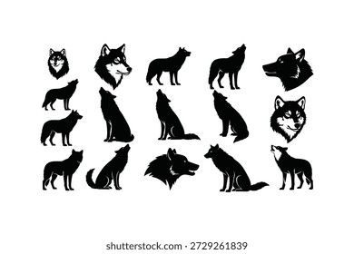 A set of 13 black wolf silhouettes in different poses and profiles on a white background
