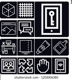 Set of 13 blank outline icons such as desk, cube, square, hand, tablet, picture, kitchen board, paste, jigsaw, phone, chatting