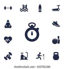Set Of 13 Bodybuilding Icons Set.Collection Of Training Bicycle, Basin, Drink And Other Elements.