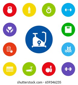 Set Of 13 Bodybuilding Icons Set.Collection Of Body Balance, Kegling, Treadmill And Other Elements.
