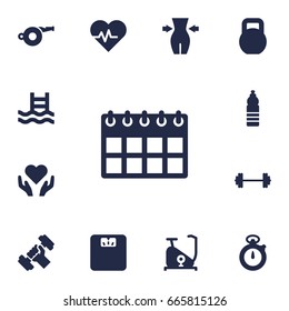 Set Of 13 Bodybuilding Icons Set.Collection Of Hartbeat, Dumbbell, Training Bicycle And Other Elements.