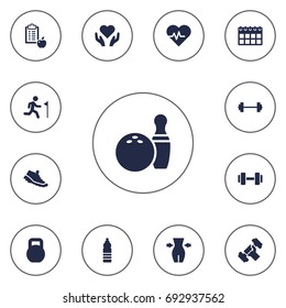 Set Of 13 Bodybuilding Icons Set.Collection Of Kegling, Running, Hartbeat And Other Elements.