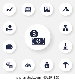 Set Of 13 Budget Icons Set.Collection Of Umbrella, Ingot, Electron Report And Other Elements.