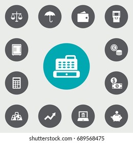 Set Of 13 Budget Icons Set.Collection Of Cashbox, Electron Report, Ingot And Other Elements.