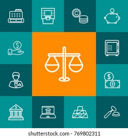 Set Of 13 Budget Outline Icons Set.Collection Of Money Box, Justice, Businessman And Other Elements.