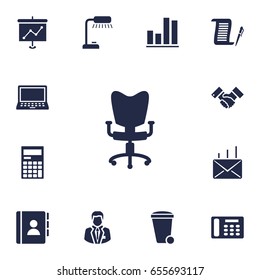 Set Of 13 Bureau Icons Set.Collection Of Trash Can, Handshake, Calculator Elements.