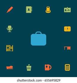 Set Of 13 Bureau Icons Set.Collection Of Time, Case, Calculate And Other Elements.
