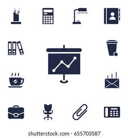 Set Of 13 Bureau Icons Set.Collection Of Telephone, Table Lighter, File Folder And Other Elements.