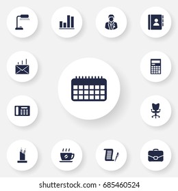 Set Of 13 Bureau Icons Set.Collection Of Diagram, Table Lighter, Address Book And Other Elements.