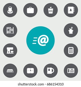Set Of 13 Bureau Icons Set.Collection Of Stand , Espresso , Flower Elements.