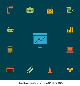 Set Of 13 Bureau Icons Set.Collection Of Mail, Calculator, Handshake Elements.
