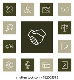 Set Of 13 Business Outline Icons Set.Collection Of Scales, Glasses, Handshake Elements.