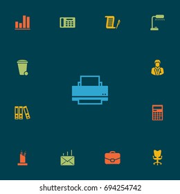 Set Of 13 Cabinet Icons Set.Collection Of Telephone, Calculator, Printer And Other Elements.