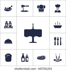 Set Of 13 Cafe Icons Set.Collection Of Tray, Dinner Desk, Vermicelli And Other Elements.