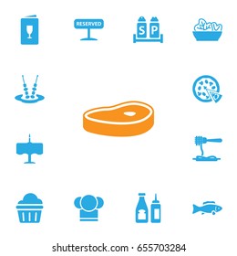 Set Of 13 Cafe Icons Set.Collection Of Tuna, Pepperoni, Meat And Other Elements.