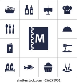 Set Of 13 Cafe Icons Set.Collection Of Sweet, Catsup, Silverware And Other Elements.