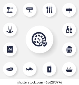 Set Of 13 Cafe Icons Set.Collection Of Vermicelli, Catsup, Tuna And Other Elements.