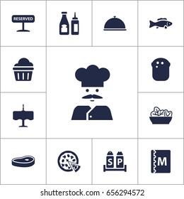 Set Of 13 Cafe Icons Set.Collection Of Tuna, Catsup, Baguette And Other Elements.
